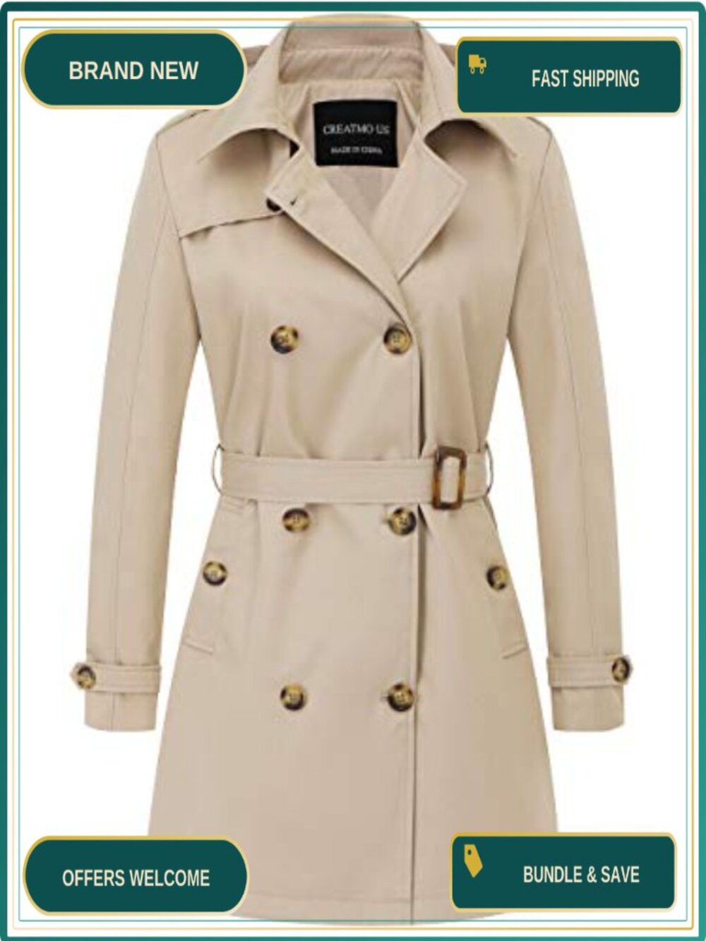 Women's Trench Coat Double-Breasted Belted Slim Fit Detachable Hood